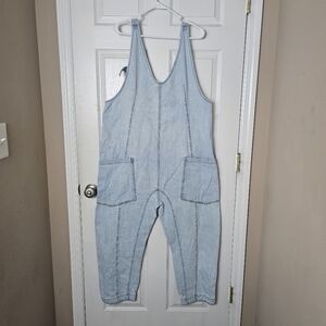 Free People High Roller Denim Blue jean Jumper Jumpsuit XL Pockets Overalls Boho